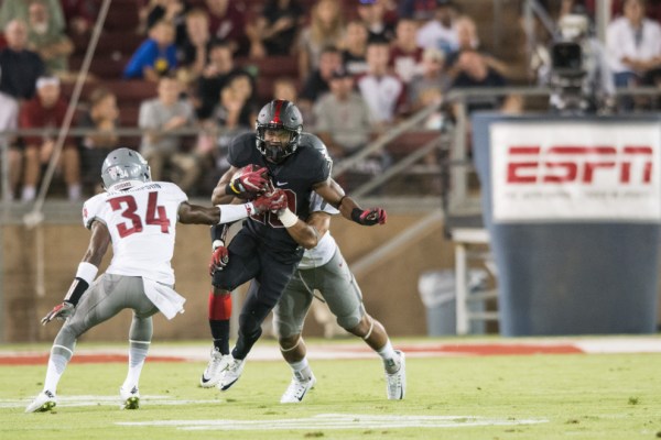 Bryce Love #20 Stanford v Washington State University. 10/08/16 at Stanford. Photo by Rahim Ullah.