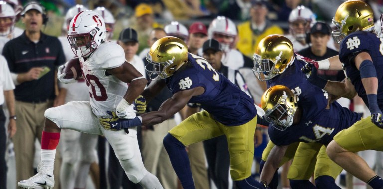 Bryce Love had big shoes to fill on Saturday in light of Christian McCaffrey's injury, but the sophomore running back delivered. Love accumulated 129 yards, including the major push for Stanford's touchdown drive and a two-point conversion. (DON FERIA/isiphotos.com)