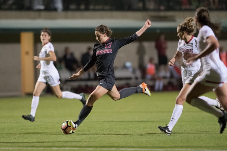 Junior Andi Sullivan leads the Stanford midfield along with teammates Megan Turner and Jordan DiBiasi, trying to extend their winning streak at home. The experienced but young Cardinal team has excelled so far on the season and look to continue conference success against the Colorado Buffs. (LYNDSAY RADNEDGE/isiphotos.com)