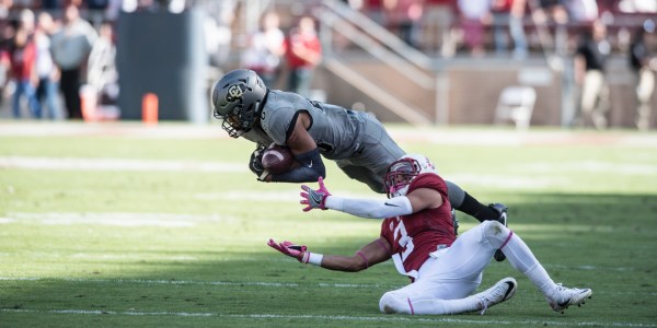 The Buffaloes pick off a pass from senior Ryan Burns intended for wide receiver Micheal Rector. Burns totaled four turnovers on Saturday, including three interceptions and a fumbled snap. (RYAN JAE/The Stanford Daily)