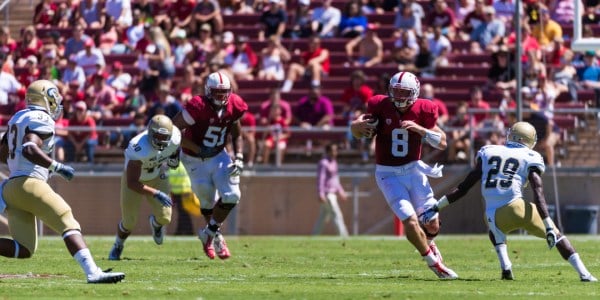 Cleveland rookie quarterback Kevin Hogan (right) set a franchise record for the longest rushing touchdown by a quarterback when he took a 28-yard rush to the end zone. Green Bay rookie linebacker Blake Martinez also came up with his first career interception in a week of breakout performances by first-years. (NATHAN STAFFA/The Stanford Daily)