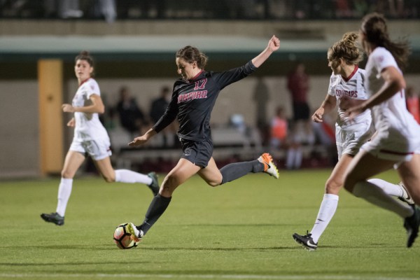 Junior midfielder Andi Sullivan prepares to kick the ball into the net as she runs downfield. Sullivan currently leads the team with 10 goals, and has contributed to several wins including the most recent against Arizona State. (LYNDSAY RADNEDGE/isiphotos.com)