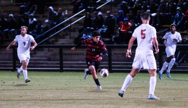 A near-perfect header from sophomore Amir Bashti nearly tied the game, but it was saved by the SDSU goalkeeper. Stanford was later able to tie the match but could not end the stalemate. (LARRY GE/The Stanford Daily)