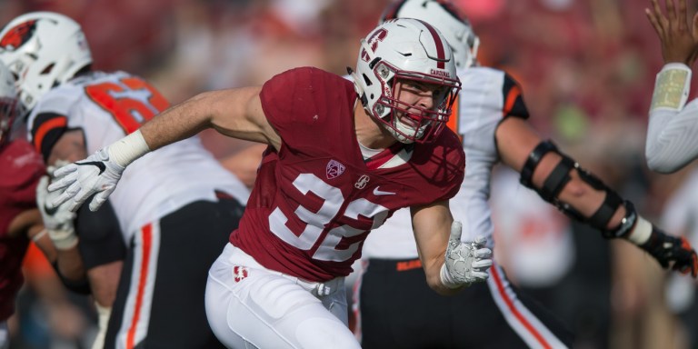 Oregon native Joey Alfieri gave Stanford two turnovers against the Ducks, helping the Stanford offense total 52 points overall against Oregon. First, Alfieri grabbed a tipped ball from safety Dallas Lloyd in the end zone, and he followed it up with another interception on a deep pass intended for Oregon tight end Johnny Mundt. (JOHN TODD/isiphotos.com)