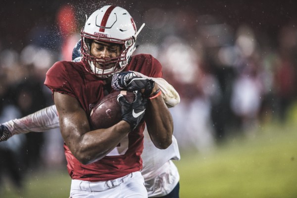 Senior receiver Francis Owusu caught a 45-yard connection from Chryst to finish off his career at Stanford Stadium. This catch was Owusu's first receiving touchdown since his famous ESPY-nominated catch against UCLA last season. (RYAN JAE/The Stanford Daily)