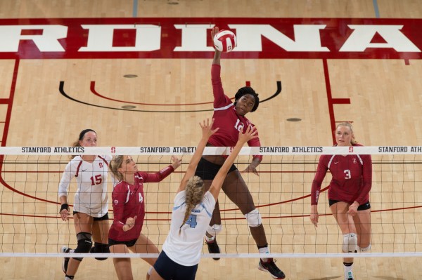 The veteran presence of fifth-year senior Inky Ajanaku centered the Cardinal in their 3-1 win over Minnesota in the Final Four. Ajanku was one of two Stanford players to record a team-high 15 kills. (MIKE RASAY/isiphotos.com)