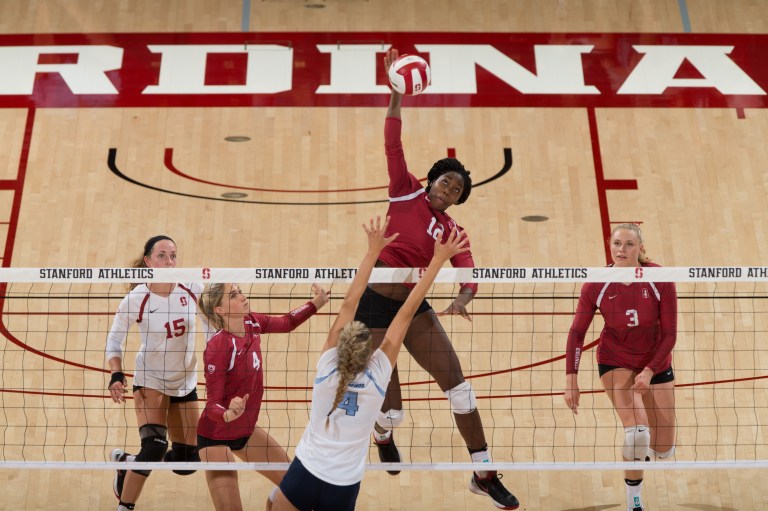 The veteran presence of fifth-year senior Inky Ajanaku centered the Cardinal in their 3-1 win over Minnesota in the Final Four. Ajanku was one of two Stanford players to record a team-high 15 kills. (MIKE RASAY/isiphotos.com)