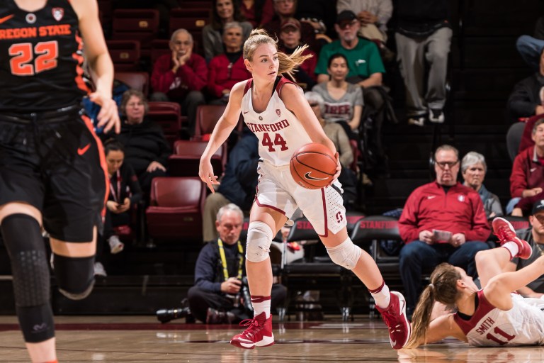 Senior guard Karlie Samuelson rebounded from a tough night against Oregon State on Sunday to lead the squad with 14 points in Stanford's rout of Utah on Friday. The Cardinal scored 27 points in the fourth quarter alone, a season best for the team. (BILL DALLY/isiphotos.com)