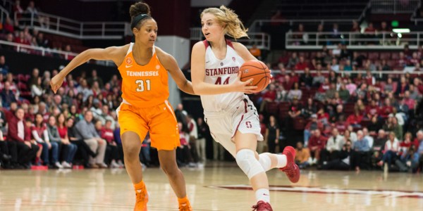 Karlie Samuelson slides past opponents as she drives towards the net. Samuelson, as one of the team's top scorers, will be an essential component as the team prepares to take on Arizona and Arizona State this weekend. (RAHIM ULLAH/The Stanford Daily)