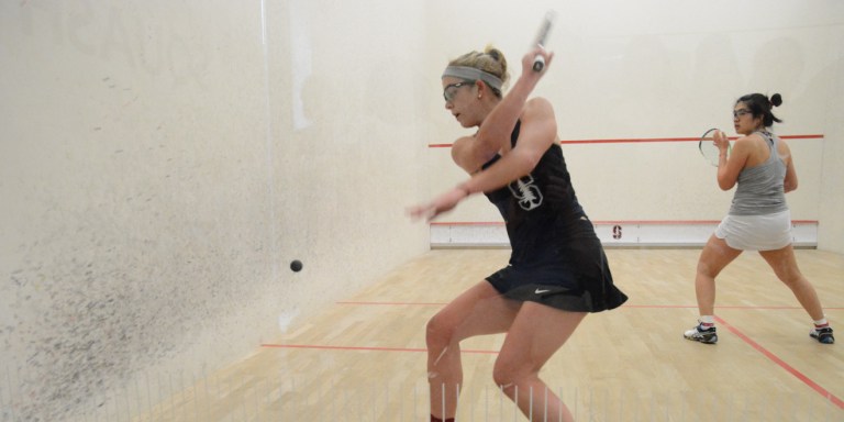 Junior Sarah Bell was the last contest of the day, with Stanford and Yale tied 4-4. While Bell jumped to an early  1-0 lead by winning the first 11-8, Yale senior Shiyuan Mao was too strong and came back to win the match 4-1. (Jamie MacFarlane/The Stanford Daily)