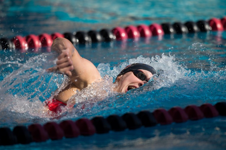 Five-time Olympic medalist Katie Ledecky led a field that included 9 Olympians at this weekend's Big Swim. Ledecky won all three of her individual events, as the No. 1 Cardinal completed their perfect regular season (CASEY VALENTINE/isiphotos.com).