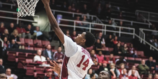 Marcus Sheffield goes to the net for an easy layup. Sheffield led the team in points on Thursday night. (RYAN JAE/The Stanford Daily)