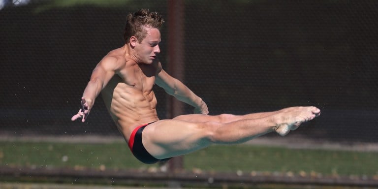 Senior Bradley Christensen was atop the podium in the men's diving one-meter event, pushing the Cardinal to an early showing in the conference championships. Now, No. 5 Stanford swimming needs to step up in order to defend their title. (HECTOR GARCIA-MOLINA/isiphotos.com)