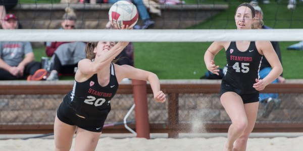 Stanford's No. 3 pair of Morgan Hentz and Caitlin Keefe (above) were a bright spot in the Cardinal line up, managing to force a third set against a strong Arizona team. The duo eventually fell in the final set, 15-13. (DAVID BERNAL/isiphotos.com)