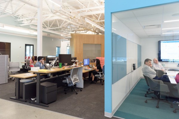 Workstations, left, are situated next to the Medium Meeting Room at the Pilot Workplace.
In a large open space on the first floor of Stanford's offices at Porter Drive, off Page Mill Road, Stanford employees from units that will be moving to Redwood City have begun trying out a variety of office configurations in a "Pilot Workplace."