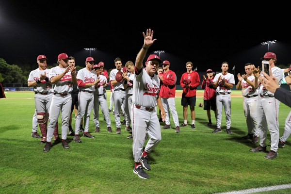 Head coach Mark Marquess received a standing ovation from his players, the several hundred Stanford fans that remained after the Cardinal's elimination and the Cal State Fullerton players and coaches, in recognition of one of the most legendary coaching tenures in NCAA history finally coming to an end. (BOB DREBIN/isiphotos.com)