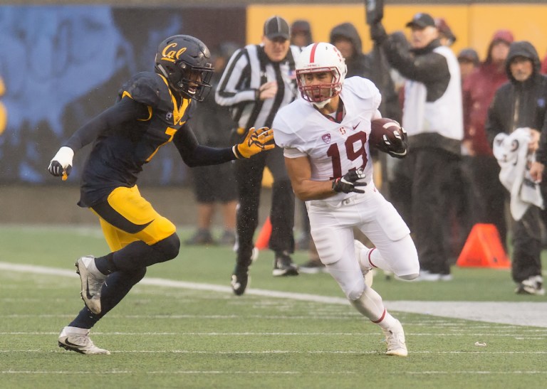 Junior J.J. Arcega-Whiteside (19) scored his first touchdown last year and will have his role expanded this season after the departures of Michael Rector and Francis Owusu.(DAVID BERNAL/isiphotos.com)