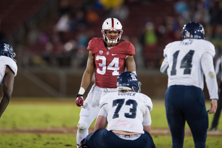 Fifth year senior outside linebacker Peter Kalambayi (34, above) leads a veteran linebacking group into the 2017 season.(KAREN AMBROSE HICKEY/isiphotos.com)