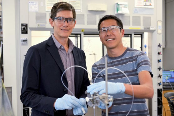 Associate Professor Thomas Jaramillo (left) and SLAC scientist Christopher Hahn have demonstrated the feasibility of designing copper catalysts that convert carbon dioxide into ethanol without corn or other crops. 

Credit: Mark Shwartz/Stanford University