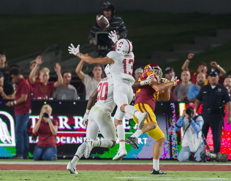 Senior cornerback Alijah Holder (13, above) was one of the few bright spots on the Cardinal defense as he intercepted USC quarterback Sam Darnold in the third quarter.(DAVID BERNAL/isiphotos.com)