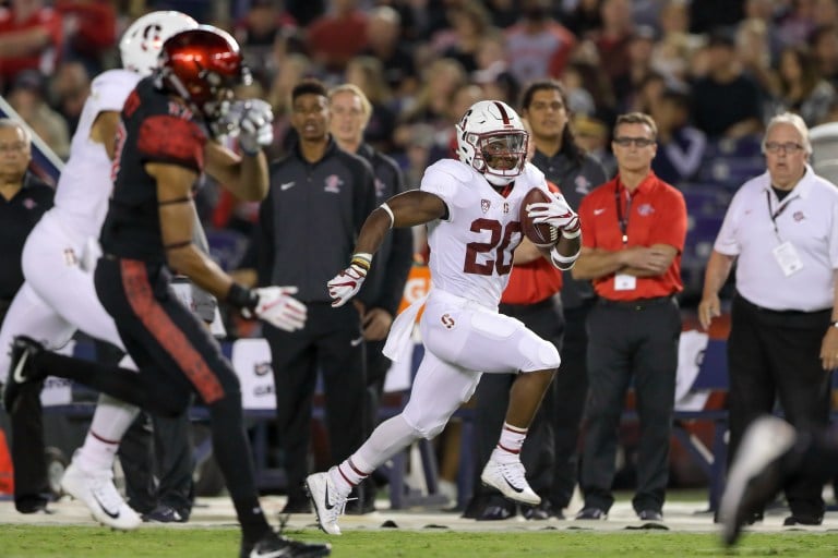 Junior running back Bryce Love (20, above) should have a big game against the poor UCLA run defense. Love has had a 50+ yard touchdown in every game this season.(BOB DREBIN/isiphotos.com)