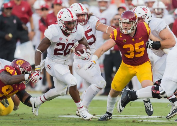 The Aztecs will have their hands full trying to stop junior running back Bryce Love (20, above). He rushed for 160 yards against the Trojans and has rushed for over a 100 yards in four straight games.(DAVID BERNAL/isiphotos.com)