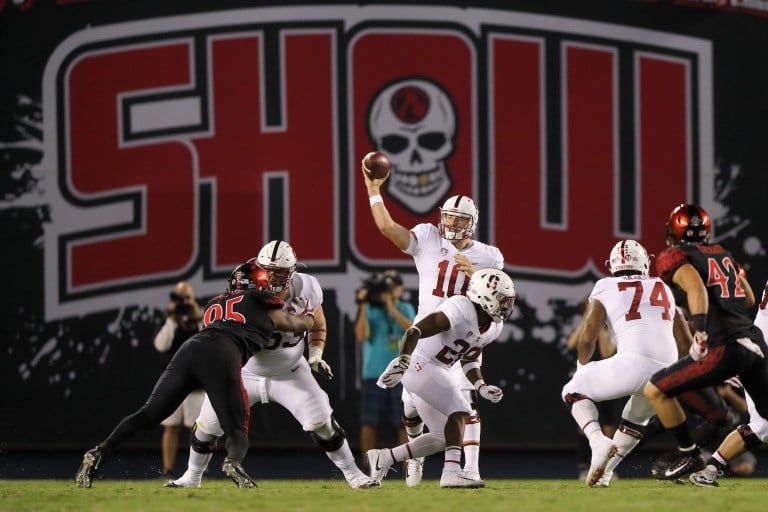 Senior quarterback Keller Chryst (10, above) struggled against the San Diego State Aztecs. He threw two interceptions and only had 72 yards passing.(BOB DREBIN/isiphotos.com)