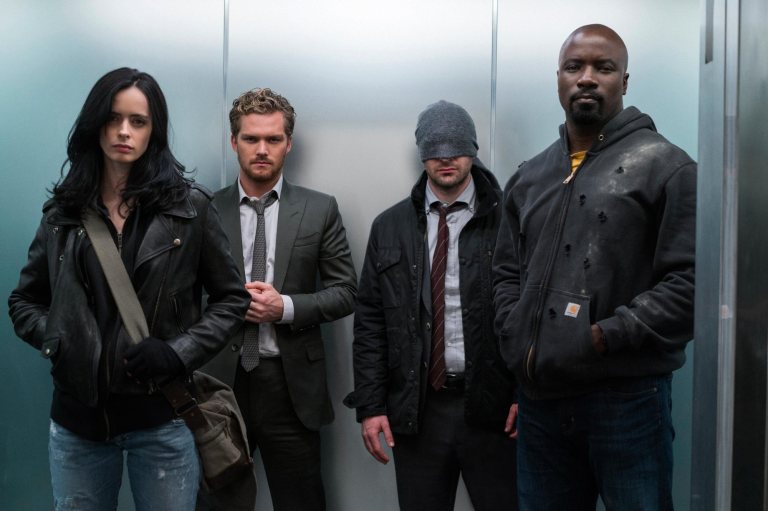 Jessica Jones (Krysten Ritter), Danny Rand (Finn Jones), Matt Murdock (Charlie Cox) and Luke Cage (Mike Colter) prepare to face the villainous organization The Hand in Marvel's "The Defenders" (Courtesy of Netflix).