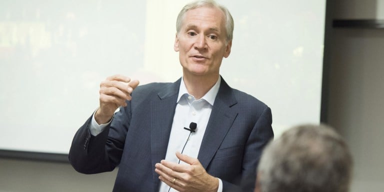 University President Marc Tessier-Lavigne spoke at Thursday's Faculty Senate meeting (Linda A. Cicero/STANFORD NEWS).