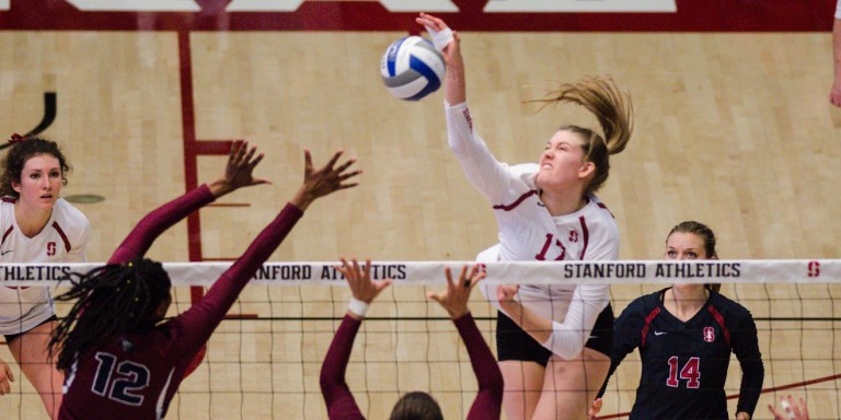 Fifth-year senior opposite Merete Lutz  (above) had a match-high 15 kills in the win over USC on Sunday.(RAHIM ULLAH/The Stanford Daily)