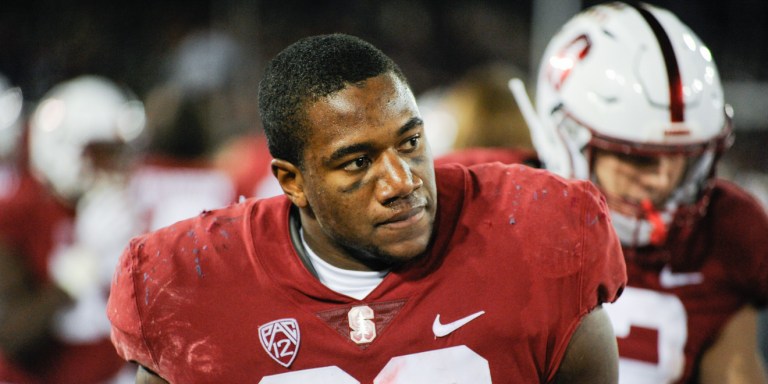 Senior Bobby Okereke had four tackles for a Washington loss on Friday. His two keys tackles helped Stanford overcome the ninth-best team in the nation. (MICHAEL KHEIR/The Stanford Daily)