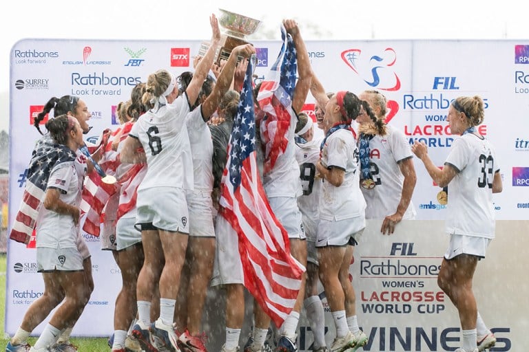 The USA celebrate with the trophy at the 2017 FIL Rathbones Women's Lacrosse World Cup at Surrey Sports Park, Guilford, Surrey, UK, 15th July 2017