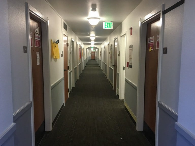 An empty hallway in Castaño undergraduate housing.