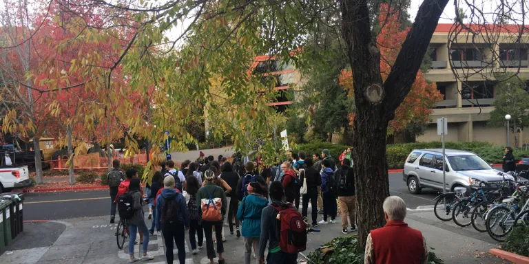 Last fall, students marched in support of renaming campus locations named for Junipero Serra (ALEX TSAI/The Stanford Daily).