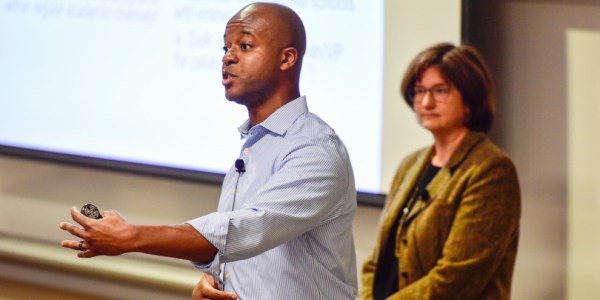 John Dabiri and Kam Moler speak at the faculty senate. (Courtesy of L.A. Cicero)