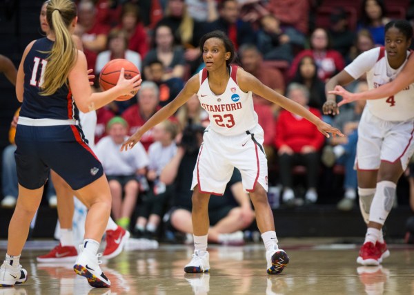 Freshman guard Kiana Williams (middle) continued her big performances in big games with 21 points in the first round of the NCAA tournament in the win over Gonzaga.(AL CHANG/isiphotos.com)