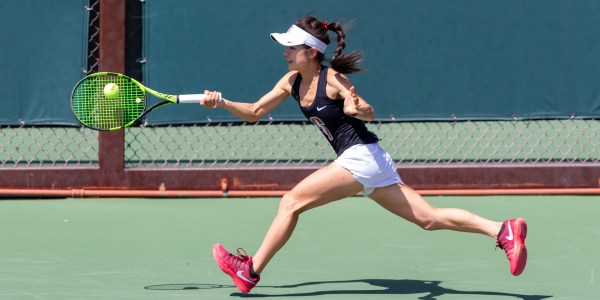 No. 109 ranked Sophomore Emma Higuchi (above) continues to produce for the Cardinal from the No. 6 singles spot. She is one of three Cardinal members with 20 singles wins this season, anchoring the team in their quest for the Pac-12 championship. (JOHN P. LOZANO/Stanford Athletics)