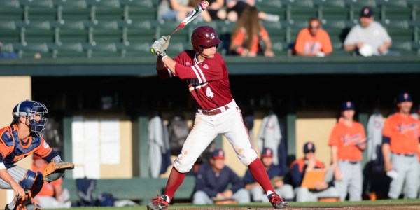 Junior shortstop Nico Hoerner (above) leads the Cardinal in batting average (.321), runs (35), hits (50), multi-hit games (14), triples (4), stolen bases (10), at-bats (156) and plate appearances (175). (RAHIM ULLAH/The Stanford Daily)