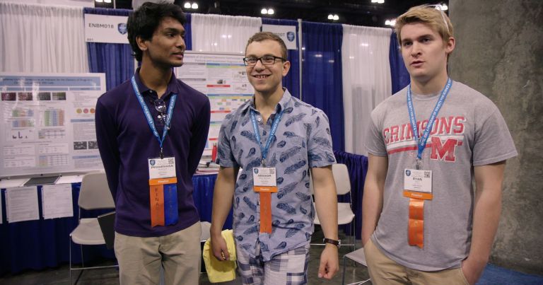 Harsha, Abraham, and Ryan await the judges at ISEF (courtesy of Muck Media).