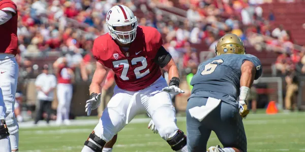 Sophomore offensive tackle Walker Little (above) is an anchor of the Stanford offensive line. The unit will need to improve in order to hold up against a fearsome Notre Dame pass rush. (DAVID BERNAL/isiphotos.com)