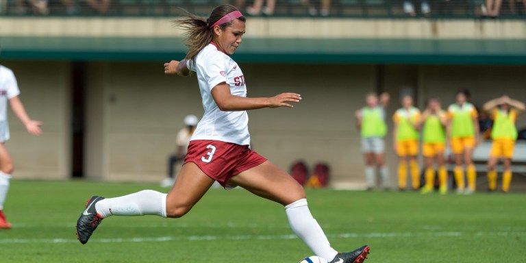 Freshman forward Sophia Smith (above) scored the first goal for the Cardinal against the Utes, her seventh of the year. She was later carried off the field with an injury in a scary collision. (JIM SHORIN/isiphotos.com)