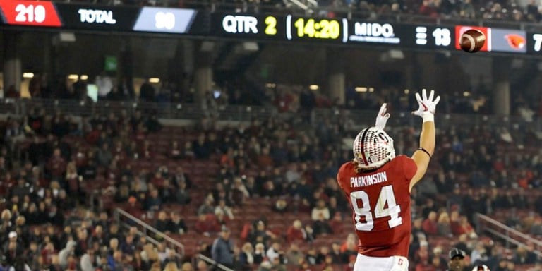 Sophomore tight end Colby Parkinson (above) goes up in the end zone for one of his four touchdown catches last week against Oregon State. The Beavers simply could not guard him. (MICHAEL KHEIR/The Stanford Daily)