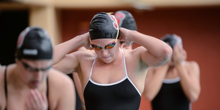 The last time senior captain Ella Eastin, a 10-time national champion, swam at Ohio State's McCorkle Aquatic Pavilion, she was named the NCAA Championships Swimmer of the Meet after winning national titles in five events. Eastin and the women's swimming and diving team will be returning to Ohio State today for the annual Ohio State University Invitational. (JOHN TODD/isiphotos.com)