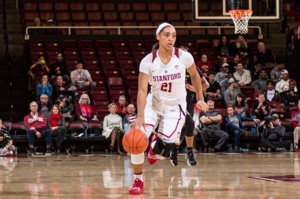 Junior guard DiJonai Carrington (above) scored fourteen points, including a three-quarters court attempt in Stanford's semifinals win over Washington on Saturday. (KAREN AMBROSE HICKEY/isiphotos.com)