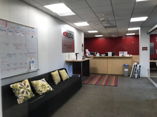 A picture of the lobby of the ASSU office in Old Union, with a view of the front desk