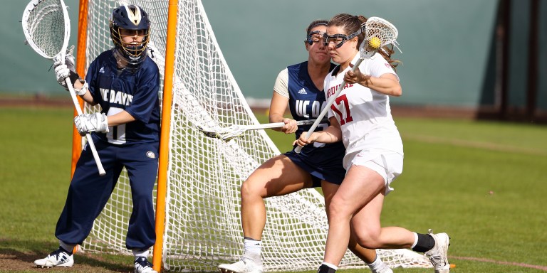 Sophomore Katherine Gjertsen (above) lead the Cardinal with eight goals and nine points during the team's 1-1 weekend showing. Stanford fell to Colorado 19-11 before bouncing back against Oregon 15-8. (HECTOR GARCIA-MOLINA/isiphotos.com)