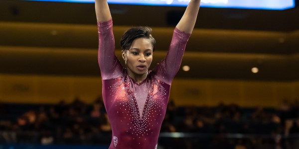 Junior Kyla Bryant (above) set a career high in Sunday's narrow 197.125-196.175 loss to No. 10 Cal. Fifth in the lineup, Bryant led the Cardinal alongside top scorers in juniors Grace Garcia and Taylor Lawson. (KAREN AMBROSE HICKEY/isiphotos.com)