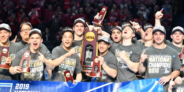 Stanford men’s gymnastics won the program’s sixth NCAA title and first since 2011 on Saturday. No. 2 Stanford upset four-time defending champion No. 1 Oklahoma 415.22-414.556. (CRAIG PESSMAN/Illinois Athletics)