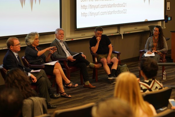 (From left to right) Dean Lloyd Minor from the School of Medicine, Provost Persis Drell, Dean Stephan Graham from the School of Earth, Energy and Environmental Sciences and Tom Kenny, Senior Associate Dean for Student Affairs in the School of Engineering speak at the #StanfordToo event on April 19. (Photo: CHRIS DEMBIA/The Stanford Daily)