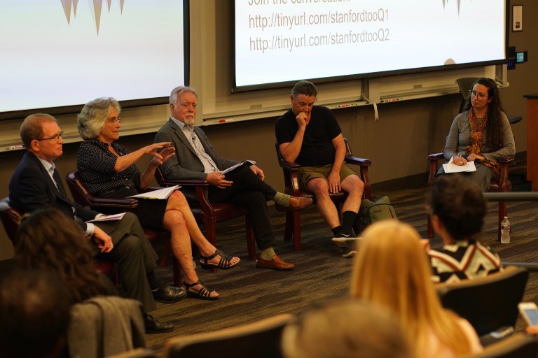 (From left to right) Dean Lloyd Minor from the School of Medicine, Provost Persis Drell, Dean Stephan Graham from the School of Earth, Energy and Environmental Sciences and Tom Kenny, Senior Associate Dean for Student Affairs in the School of Engineering speak at the #StanfordToo event on April 19. (Photo: CHRIS DEMBIA/The Stanford Daily)